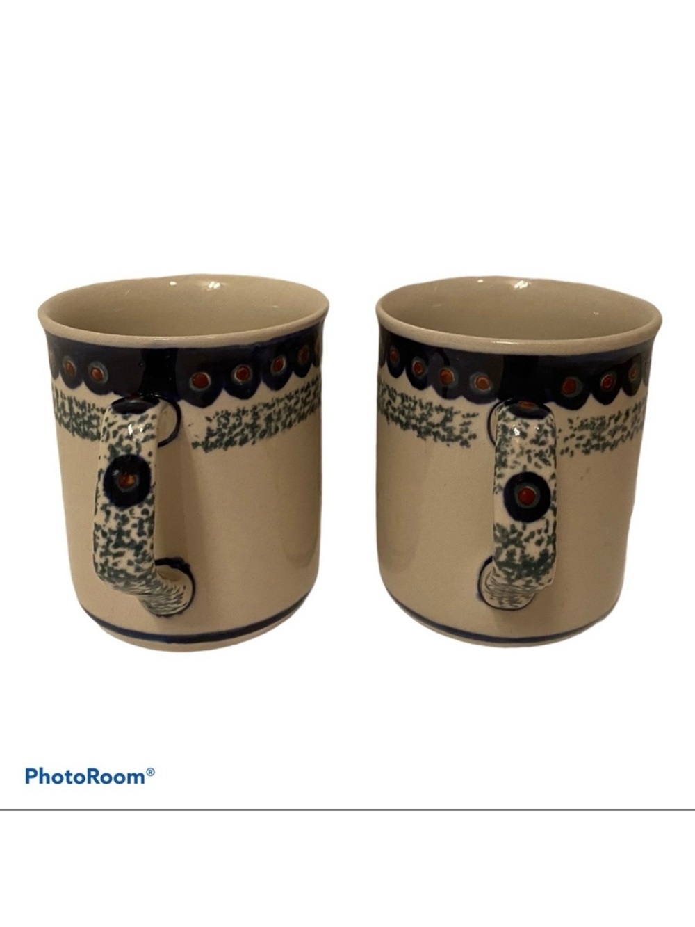 POLISH POTTERY 2 MUGS CUPS PAIR COFFEE BLUE WHITE HANDMADE HOME DINING 8 oz.